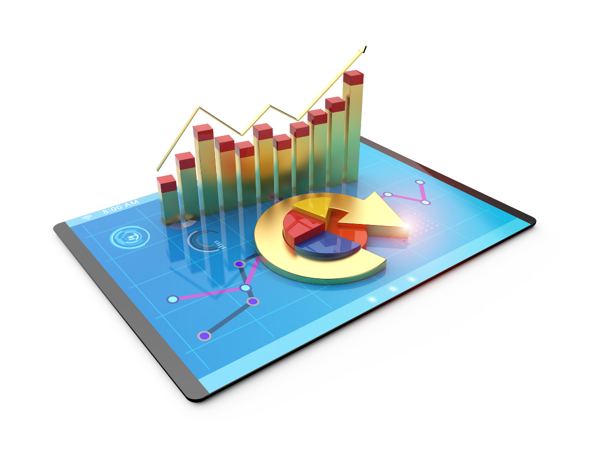 Màn hình tablet hiển thị biểu đồ cột, biểu đồ tròn, các đường tăng trưởng của thị trường hàng hóa