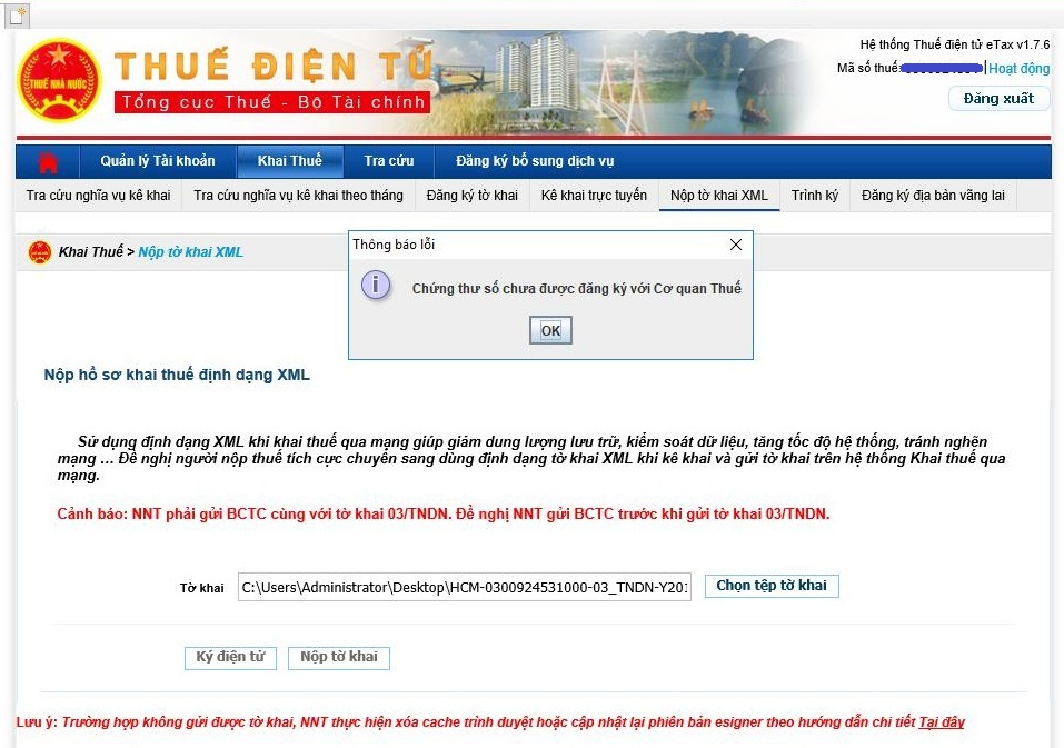 Thông báo lỗi “ Chữ ký số chưa được đăng ký với Cơ quan Thuế” hiển thị trên màn hình máy tính