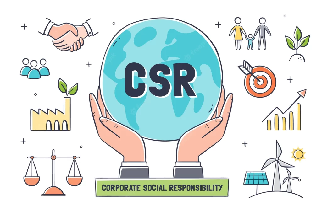Hình ảnh có nền màu trắng, ở trung tâm là hai bàn tay đang nâng đỡ một quả cầu có chữ CSR, xung quanh là cách biểu tượng cái cân, môi trường, con người, hợp tác, mục tiêu, năng lượng sạch.