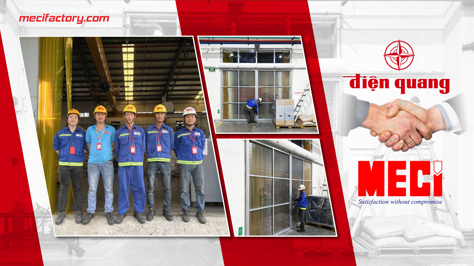 Hình ảnh kỹ thuật MECI đứng bên trái, các sản phẩm lắp tại nhà máy điện quang nằm chính giữa, bên phải là logo MECI và Điện Quang